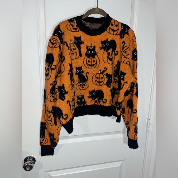 BlackMilk Halloween Whimsigoth Pumpkin Black Cat Orange Knit Fall Sweater XL-XXL